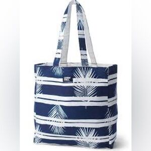 A016 Lands' End Navy and White Palm Print Canvas Tote Bag OS Beach Carryall